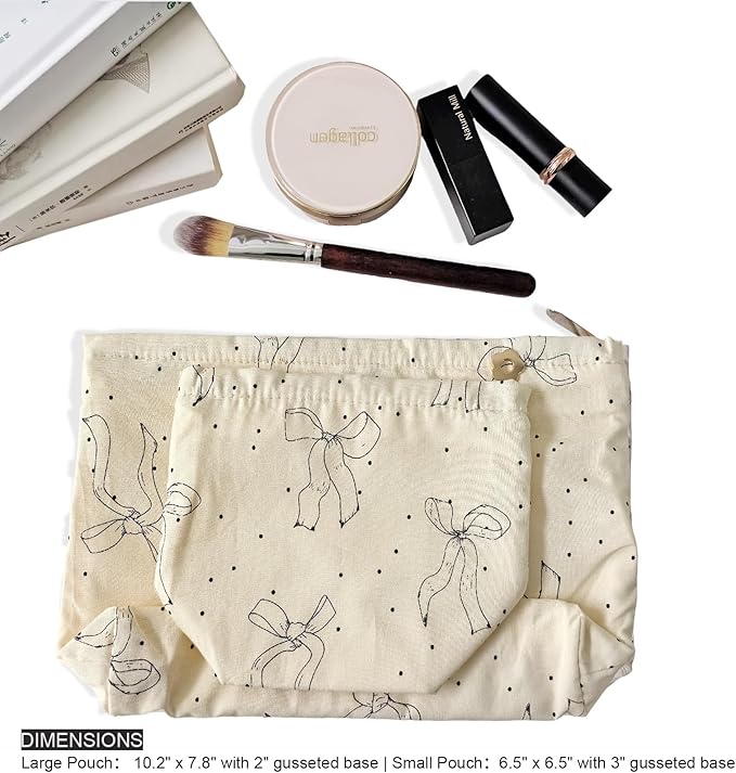 HAPPYHEIDI Makeup Bag Set,Cute Organizing Pouch, Cotton, Beige Bow Pattern, Zipper Closure, Large 10.2x7.8 Inches, Small 6.5x6.5 Inches, Lightweight