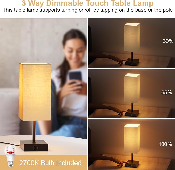 Bedside Table Lamp for Bedroom with 2 USB Ports, 14-Inch, Beige | USB A+C Ports, Touch 3-Way Dimmable LED Bulb Included Fabric Lampshade Metal Base Small Nightstand Lamp for Desk Living Room