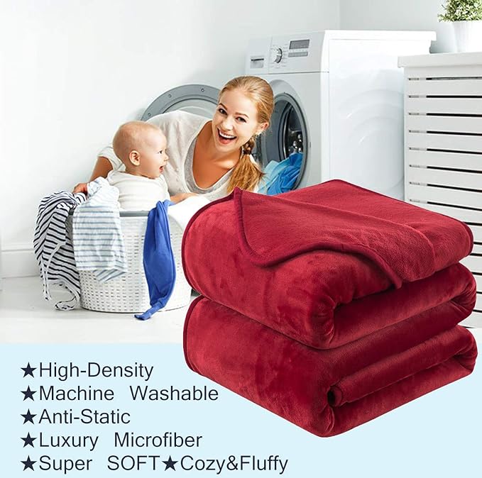Flannel Fleece Twin Size Summer Blanket All Season 350GSM Lightweight Throw for The Bed Extra Soft Brush Fabric Winter Warm Sofa Blanket 66" x 90"(Burgundy Red Twin)