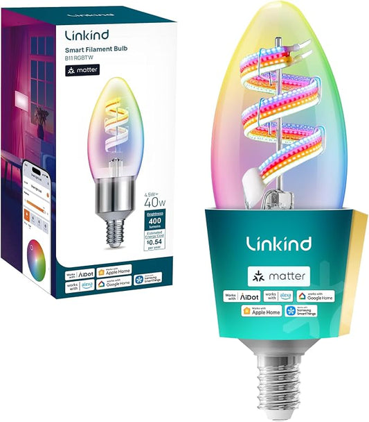 Linkind E12 Led Bulb, RGBTW Color Changing Matter Smart Light Bulbs,1 Pack | Work with Alexa/Apple/Google Home, 40W RGBTW Smart Filament Bulbs for Chandelier, 2.4Ghz WiFi Only Candelabra Bulbs, 400 LM