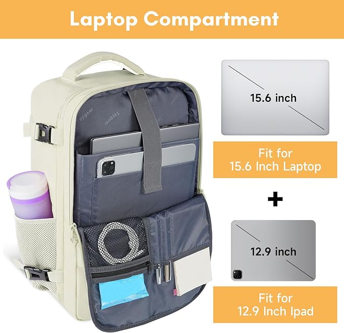 Taygeer Travel Backpack for Women, Carry On Backpack with Shoe Pouch, TSA 15.6" Laptop Back Pack Flight Approved, College Gym Bag Casual Daypack for Weekender Business Hiking,Beige