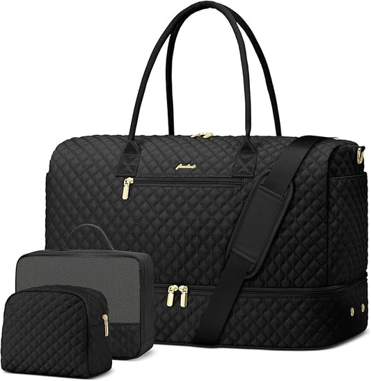 Travel Weekender Duffle Bag for Women - Overnight Bag with Shoe Compartment Carry on Bag with Toiletry Bag Gym Duffel Bag with Wet Pocket Hospital Bags for Labor and Delivery 3 Pcs Set Black