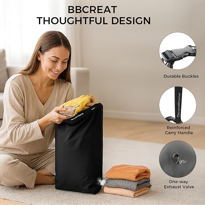 Travel Compression Laundry Bag, Pump-Free Vacuum Space Saver Bag for Dirty Clothes, Reusable Waterproof Wet Dry Bag, Travel Laundry Bag for Luggage, Packing, Suitcase (1 Pcs)（Black, L)