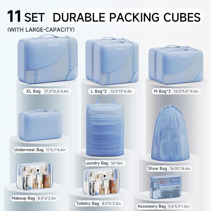 11 Set Packing Cubes for Travel, Gifts for Women Mom Kids, TSA Approved Bags for Makeup, Cosmetic, Toiletry, Suitcase Organizers for Checked Luggage, Cruise Essentials,Airplane Accessories, Light Blue