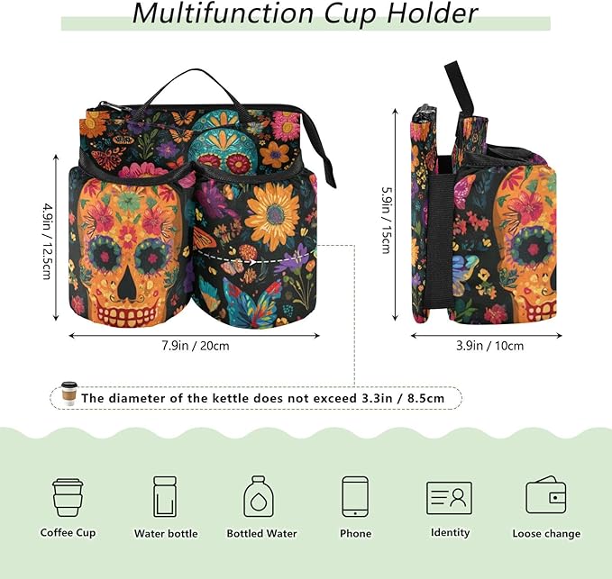 Mexican Folk Art Skulls and Flowers Luggage Cup Holder Travel Portable Free Hand Drink Carrier Suitcase Drinks Beverage Holder Carry-On Bottle Mug Holder Organizer Bag Travelers Accessories