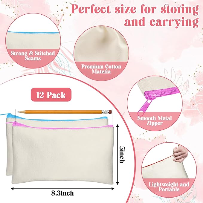 Legigo Blank Canvas Bag Zipper Pouch Makeup Bags Bulk - Multi-Purpose Canvas Pencil Pouch with Sturdy Zipper, Cosmetic Bag Travel Toiletry Bag for DIY Craft Projects, Storage (8.3 x 5 inches)