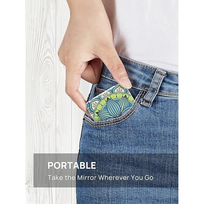 OMIRO 1X/3X Magnifying Mirror, Unique Painting Compact Mirror with Classical PU Leather, 2.4" W x 3.4" L (Green Flower Mandala)