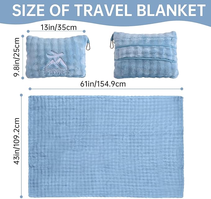 Travel Blanket and Pillow-2-in-1, Ultra-Soft&Compact, Airplane Blanket with Hand Luggage Belt and Backpack Clip,Travelers Accessories Gifts, 61x43 Inches（Blue）