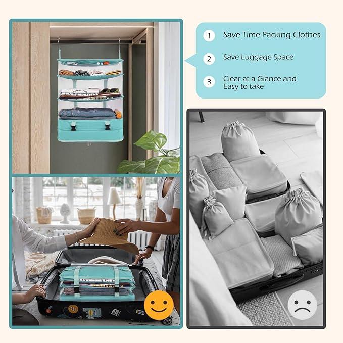 Surblue Hanging Closet Storage Bag Collapsible 3-Shelf Washable Oxford Fabric with 2 Hooks (XL 17.71 * 11.81 * 20in,Aqua Blue)