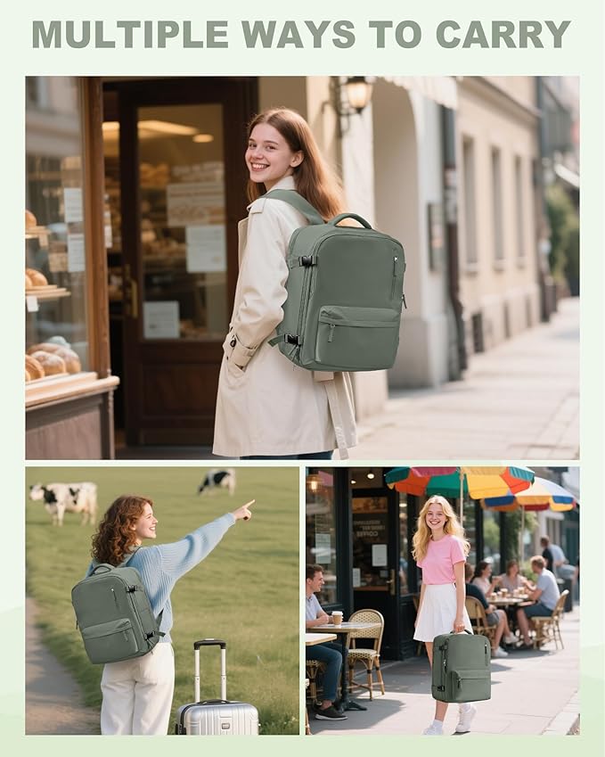 VECAVE Travel Backpack for Women, Airline Flight Approved Carry On Backpacks Waterproof 14 Inch Laptop Backpack with Shoe Compartment Casual Daypack Green