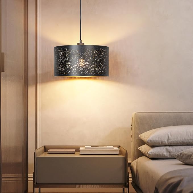Qingmiao Boho Plug in Pendant Light, Black Shade, 3 Way Bulb, 14ft Cord | Hanging Lamp Plug in, 3-Way Dimmable Hanging Light Fixture for Living Room Bedroom Kitchen Ceiling Home Decor