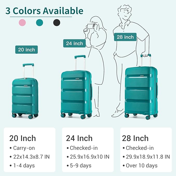 Kono Luggage Sets 3 Piece Hard Shell Travel Trolley 4 Spinner Wheels Lightweight Polypropylene Suitcase with TSA Lock (Turquoise, 20/24/28 Set)