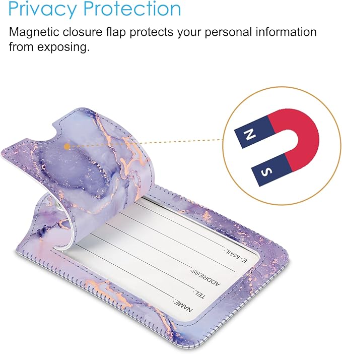 Fintie Luggage Tags, Privacy Cover ID Label with Stainless Steel Loop and Address Card for Travel Bag Suitcase - Lilac Marble (2 Piece)