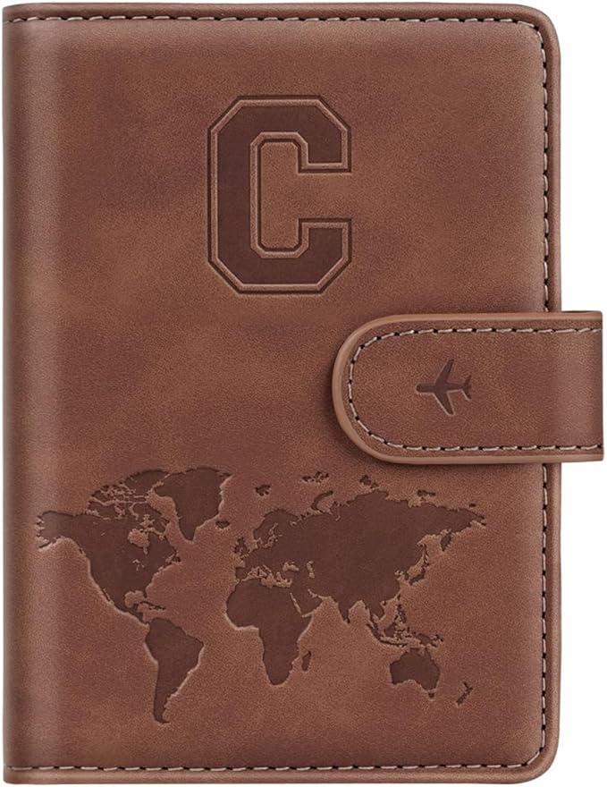 Passport Holder Wallet Cover Personalized Letter A-Z Travel Wallet RFID Blocking Passport Cover Wallet Case for Travel Passport Book Holders for Women and Men, Brown-C
