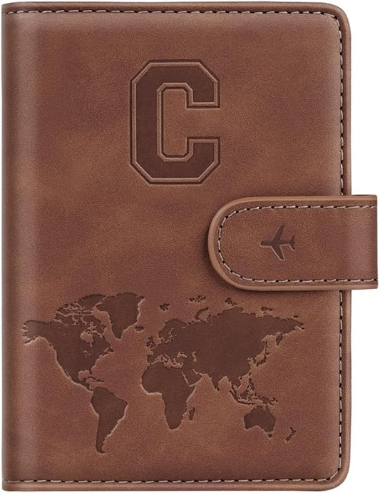 Passport Holder Wallet Cover Personalized Letter A-Z Travel Wallet RFID Blocking Passport Cover Wallet Case for Travel Passport Book Holders for Women and Men, Brown-C