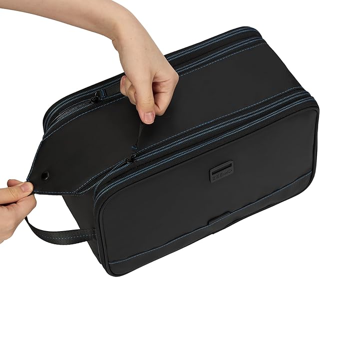 ZEEMO Travel Toiletry Bag for Men, Large Water-Resistant Double-Sided Full-Open Dopp Kit, Versatile Organizer for Shower and Hygiene Accessories, Bathroom Essentials, Cosmetics, Black and Blue