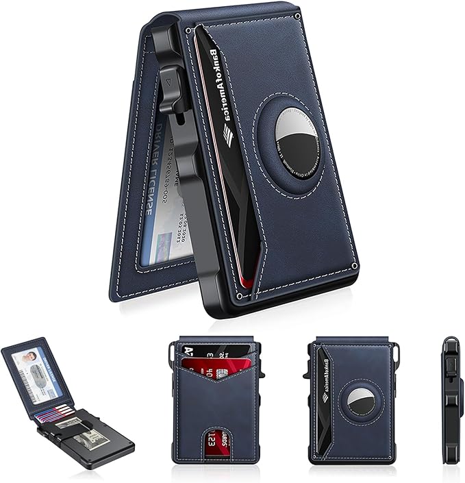 KIKVES Airtag Wallet for Men, Mens Smart Wallet for Air Tag RFID Blocking, Minimalist Bifold Pop Up Aluminum Credit Card Case Holder 12+ Cards with ID Window, Gift for Men, No Airtag Included, Navy