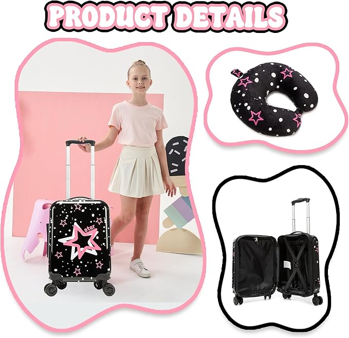 Kid's Luggage Set 2 Piece Suitcase Set Hardside Luggage with Spinner Wheels Girls Carry on Toddler Travel Rolling Suitcase with Neck Pillow Airline Approved