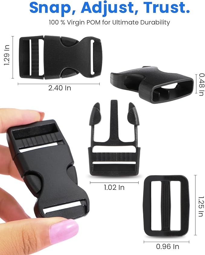 Buckle & Strap Kit - 6 Yards 1 Inch Wide Polyester Webbing Stronger Than Nylon, 6 Plastic Quick Release Buckles & 12 Triglide Clips, Adjustable Extender Straps for Backpack, Dog Collar, Fanny Pack