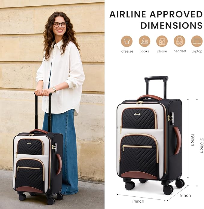 LOVEVOOK Carry on Luggage 22x14x9 Airline Approved, Waterproof Carry on Suitcase with 3 Pouches,Lightweight Softside Underseat Travel Luggage with 360° Spinner Wheels,TSA Lock for Travel Business