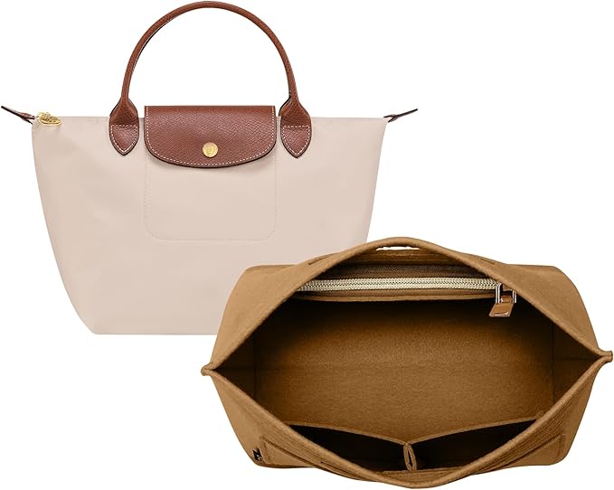OPPOSHE Purse Organizer Insert for Longchamp Le Pliage, Premium Felt Long Champ Bag Handbag Women, Tote Organizer Insert with 6 Compartments (Small, Brown)