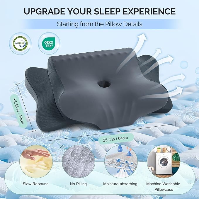 Cervical Pillow for Neck Pain Relief - Cooling Ergonomic Dual-Sided Orthopedic Neck Pillow with Ice Silk Pillowcase, Breathable Memory Foam Contour Pillow for Side, Back, Stomach Sleepers
