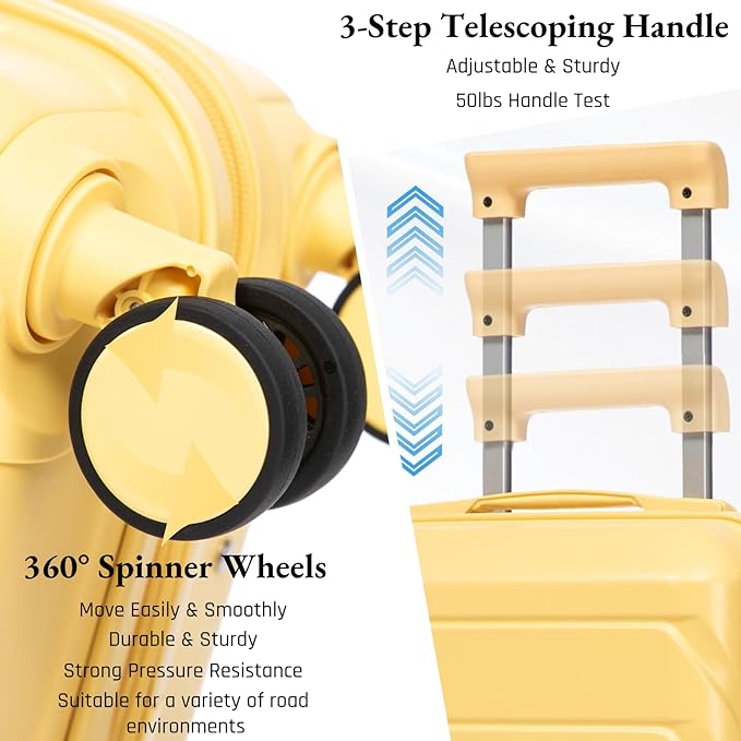 2-Piece ABS Hard Shell Lightweight Carry-On Luggage Set (14" & 20"), 360-Degree Spinner Wheels, Adjustable Telescopic Handle and Combination Lock for Travel, Yellow