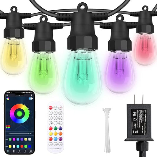 Outdoor String Lights 50FT, Color Changing Patio Lights, Waterproof | 20 Shatterproof LED Bulbs, Multicolor & Warm White, Dimmable, IP67 Waterproof, APP & Remote, Custom Colors, 24V Low Voltage