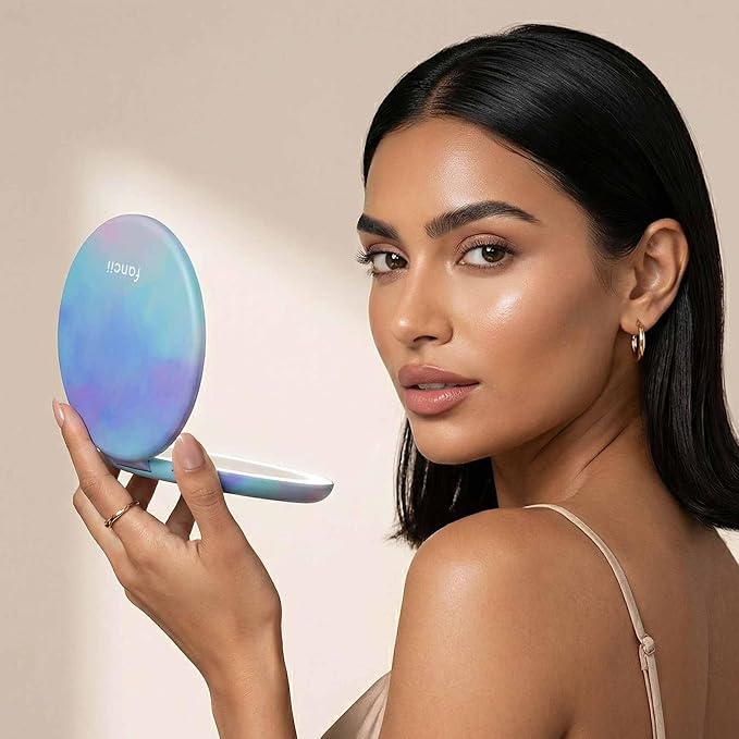 Fancii Taylor Travel Makeup Mirror with LED Light, Rechargeable, 10x /1x Magnifying & 3 Light Settings - Compact, Large 5” Wide Mirror for Handbag and Purses (Lavender Lagoon)