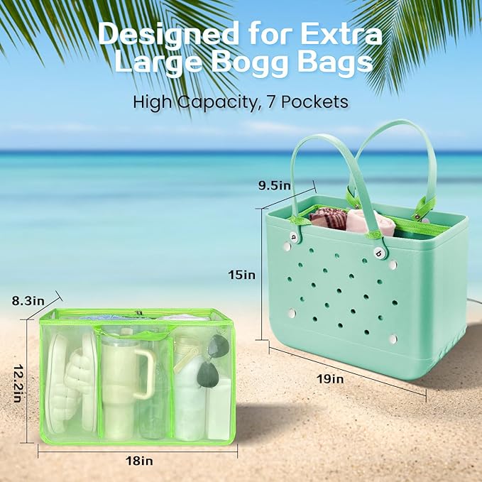 XYFuuee Beach Bag Organizer Inserts for Original Large Bogg Bag Accessories with 8 Removable Metal Fasteners, Lightweight Mesh Insert Divider Pouch, Organizing Rubber Tote, Save Space, Green XL