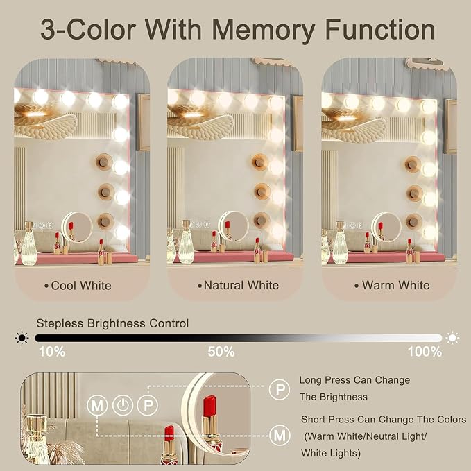 Ratsamee Pink Hollywood Vanity Mirror with Lights, 15 Dimmable Bulbs, 3 Color Lights,Make Up Lighted Mirror, Aluminum Metal Frame, USB Charging Port（23" x 18"）