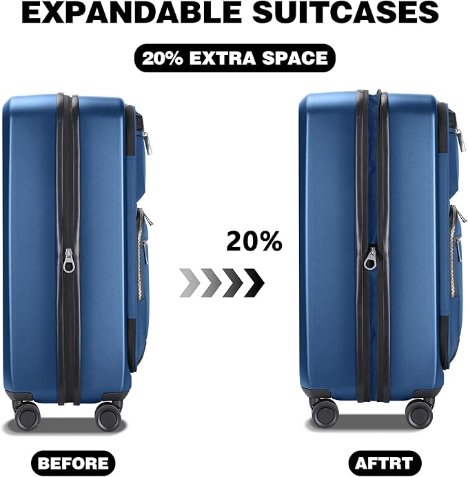 Luggage Sets 2 Piece, Carry On Luggage with Front Pocket & USB Port and 28 Inch Expandable Checked Luggage, Hybrid Soft Front & Hard Shell Suitcases with Spinner Wheels & TSA Lock, Navy Blue