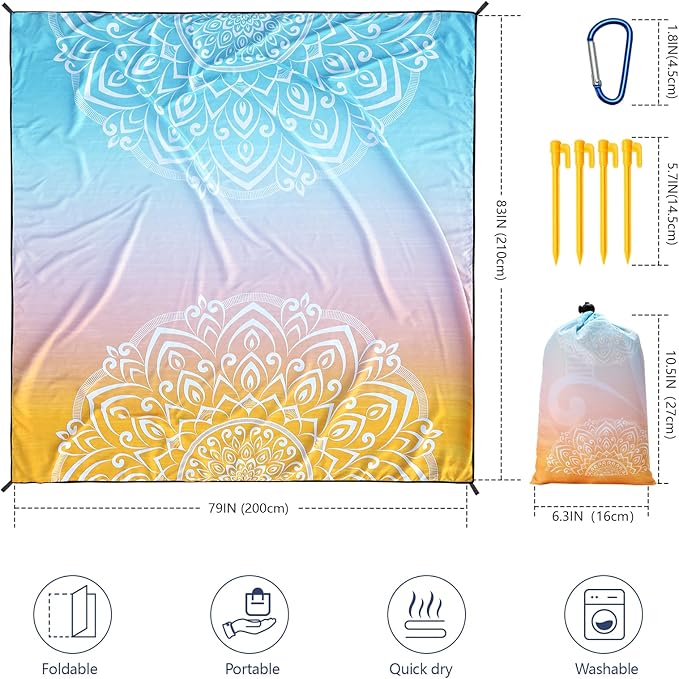 Beach Blanket Sandproof Extra Large Beach Mat Adults Waterproof Quick Drying Sand Free Mat Made by Premium Polyester with 4 Stakes & 4 Corner Pockets for Outdoor Travel Camping Hiking