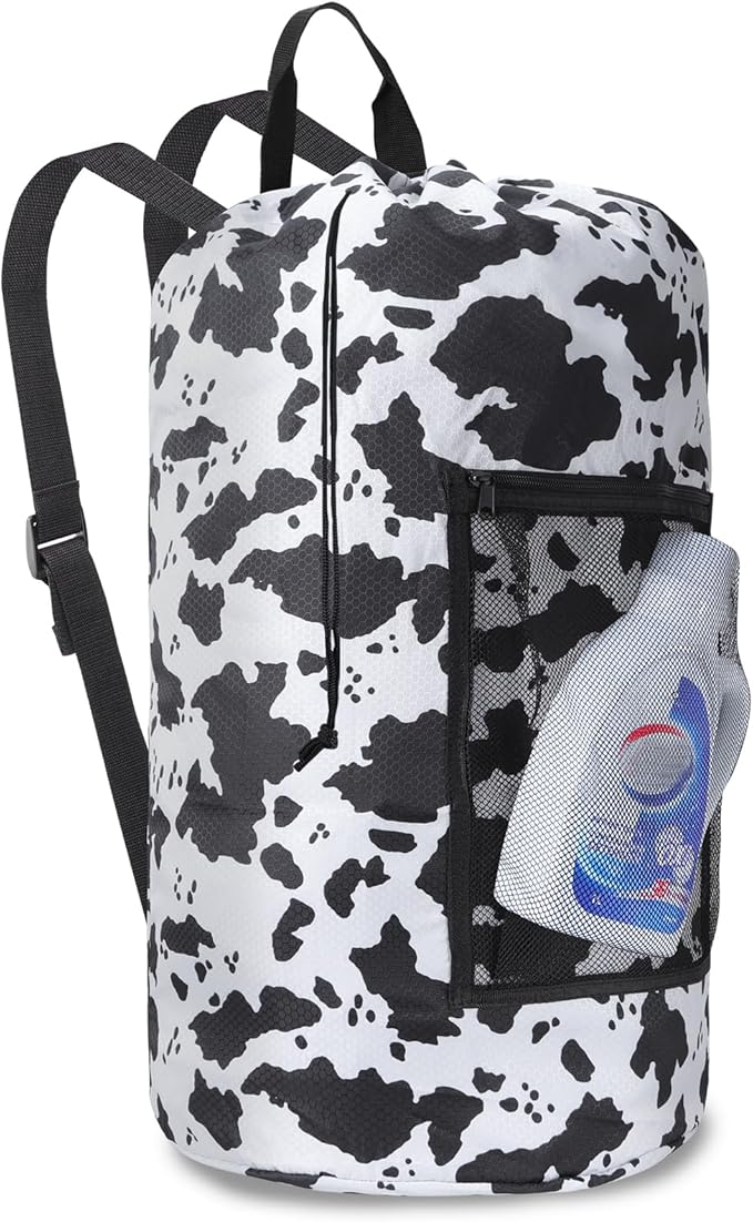 Laundry Bag Backpack Durable Laundry Bag with Shoulder Straps and Mesh Pockets Portable Laundry Dirty Clothes Hamper Bag for College Dorm (Cow Print)