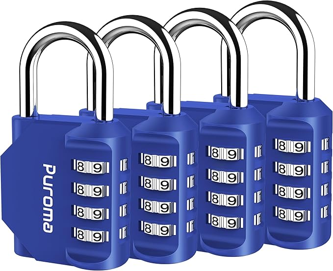 Puroma 4 Pack Combination Lock for Locker 4 Digit Outdoor Waterproof Padlock for School, Gym, Sports, Fence, Toolbox, Gate, Case, Outdoor, Hasp Storage, Cabinets (Blue)