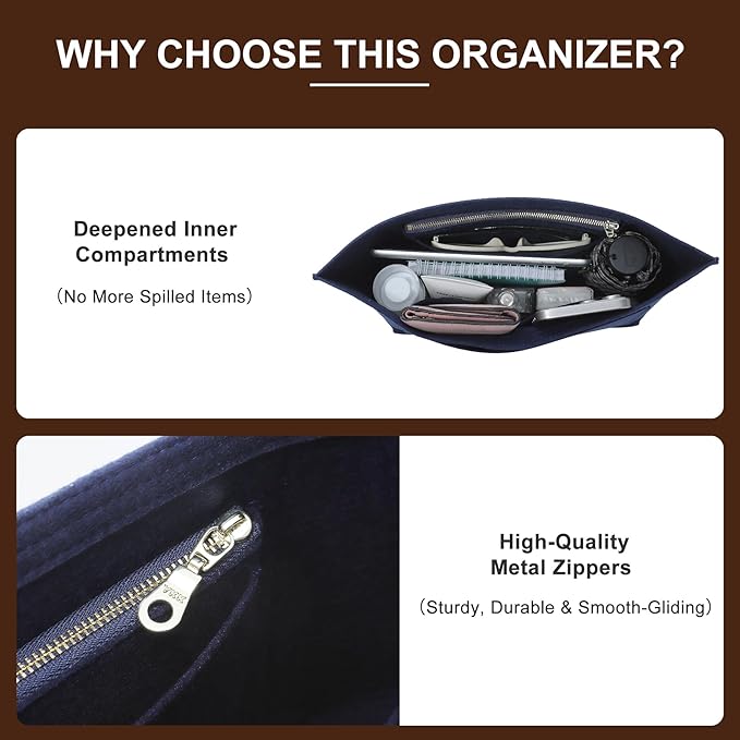 Doxo Felt Purse Organizer Insert for Longchamp Le Pliage M Totes, Longchamp Orgainzer Insert Meduim with 7 Compartments & YKK Zipper | Fits Long Champ Meidum Top Handle Tote Bag (SM, Navy)