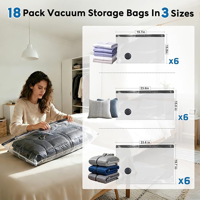 Mapambo Travel Vacuum Bags with -60000Pa LED Electric Pump, 18 Pack Vacuum Seal Bags for Clothing Travel in 3 Combo sizes, Space Saver Vacuum Storage Bags, Saving up to 80% of Space (18 Combo Size)