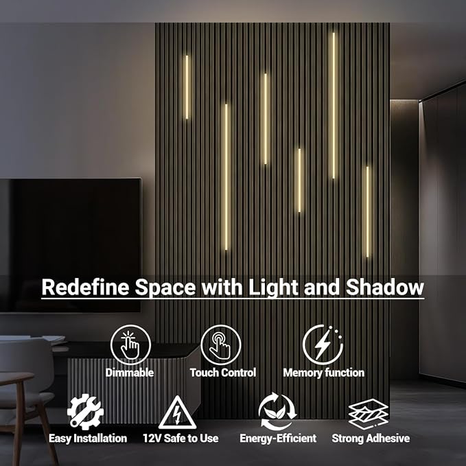 HAMRVL LED Recessed Lighting for Wall Panels, 6PCS Warm White Wall Panel Lights with Touch Switch, Dimmable Self-Adhesive 3000K Slat Wall Lights Strip for Living Rooms, Bedrooms, Kitchen Cabinets
