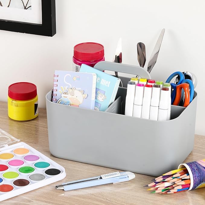 Multiuse Caddy Organizer with Handle, Portable Divided Plastic Tote Bin - Art Craft, Stationary Pen Marker Crayons, Makeup Hair Supplies Storage - Bathroom, Classroom, Dorm, Office, Desk Holder - Grey