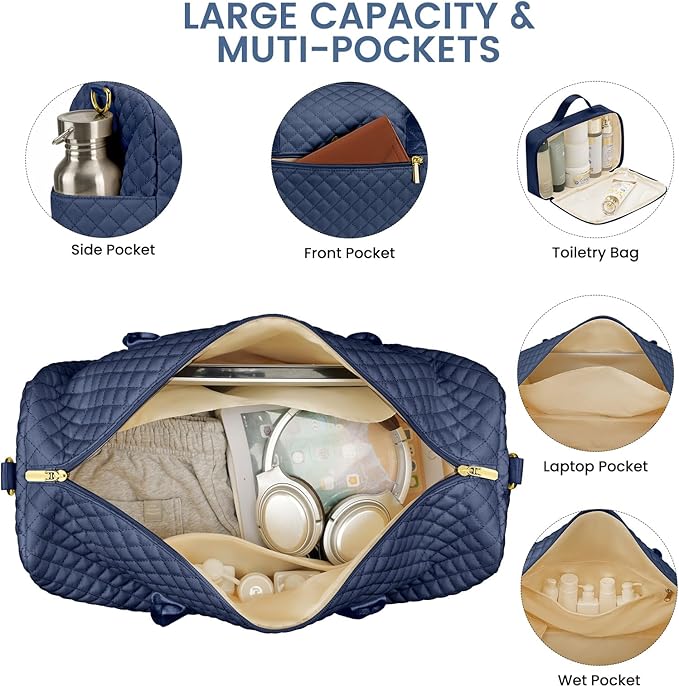 Women Weekender Travel Duffle Bag: Travel Duffel Overnight Bags with Shoe Compartment Large Carry on Tote with Toiletry Bag Weekend Traveling Yoga Gym Hospital Bag for Women with Wet Pocket Blue