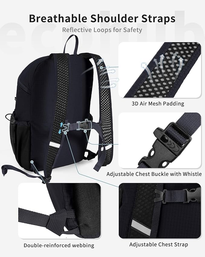 ECOHUB 15L Lightweight Casual Daypack, Packable Backpack for Daily Use, Hiking & Travel, Foldable Small Backpack with Stretch Mesh Pockets, Water-Resistant Nylon, Reflective Design