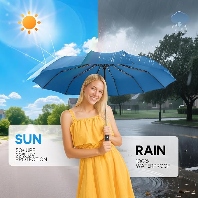 Travel Compact Umbrella, Folding Travel Umbrella for Rain and Shine Small, Windproof Automatic Open/Close, Portable Umbrellas