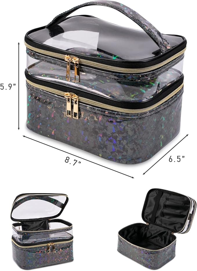 Double-layer Makeup Bag Cosmetic Bag Travel Makeup Cases Organizer Toiletry Bag Gift for Women, Portable Waterproof (Black)