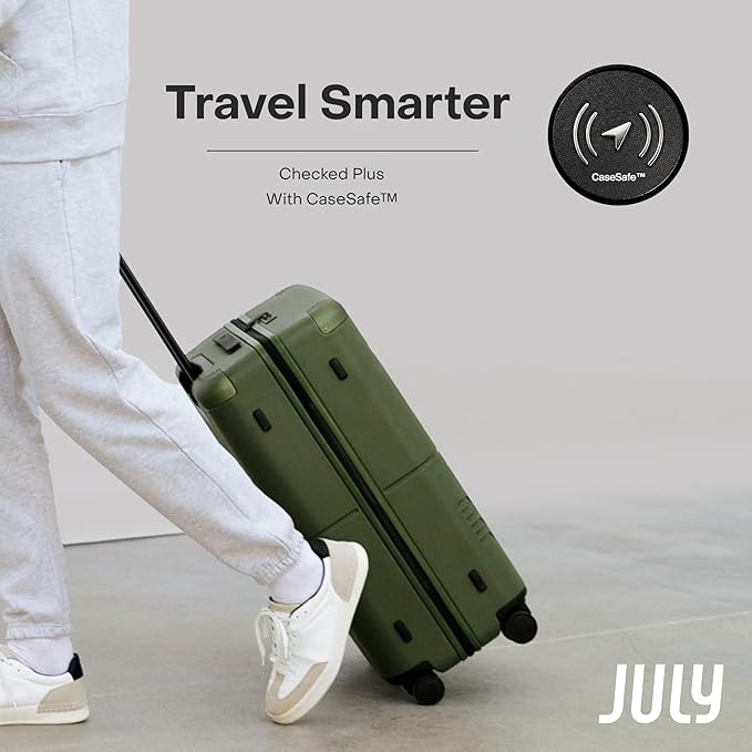 Checked Plus with CaseSafe - 28.75" Trackable TSA Lock Airline Approved Check In Luggage with Wheels, Rolling Suitcase for Men & Women - Silent Spinner Wheels, Y-Strap - Moss