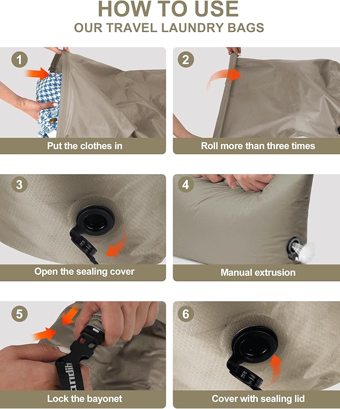 Travel Compression Laundry Bag, Pump-Free Vacuum Space Saver Bag for Dirty Clothes, Reusable Waterproof Wet Dry Bag, Travel Laundry Bag for Luggage, Packing, Suitcase (1 Pcs)(Gray, L)