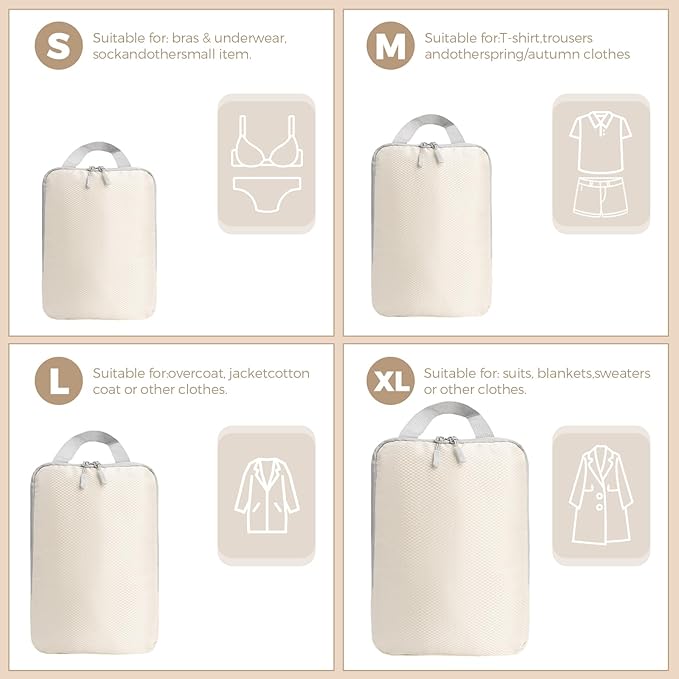 4 Set Compression Packing Cubes for Suitcase - Space-Saving Luggage Organizer Bags, Lightweight Travel Essentials for Efficient Packing (Beige)