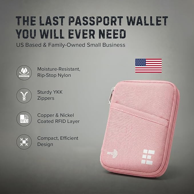 Zero Grid RFID Passport Holder & Travel Wallet, Zippered Wallet for Men & Women, Fits Passport, Cards, Cash, Tickets, ID, Sim Card; Premium & Compact Travel Document Holder - Rose Pink