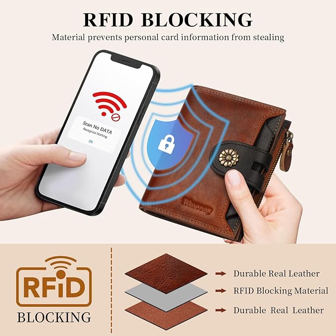 Leather Wallet Women,RFID Blocking Womens Wallet Bifold Compact Small Wallet for Women Card Holder with Zip Coin Pocket Brownblack