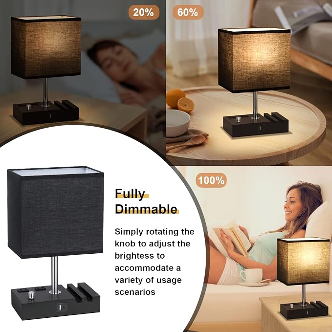 Black Bedside Table Lamps Set of 2 - Dimmable, USB C+A, 2 AC Outlets | Dimming By Rotary Knob, USB C+A Ports, 2 Phone Stands, LED Bulbs Included, Rectangle Black Lampshade, for Living Room, Desk