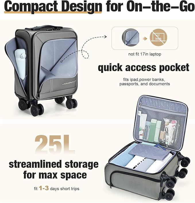 Softside Carry on Luggage Airline Approved, 17 Inch Underseat Carry-on Luggage with Removable Spinner Wheels, Small Personal Item Suitcase for Travel Business, (Grey, 17 inch_Underseat)